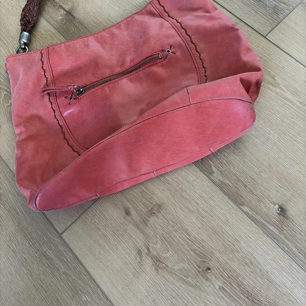 The Sak Boho Light Red Genuine Leather Braided Strap Hippie Medium Purse Bag